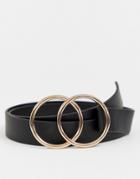 Asos Design Faux Leather Slim Belt With Double Circle Buckle In Black - Black