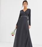 Tfnc Bridesmaid Long Sleeve Maxi Dress With Satin Bow Back In Gray-grey