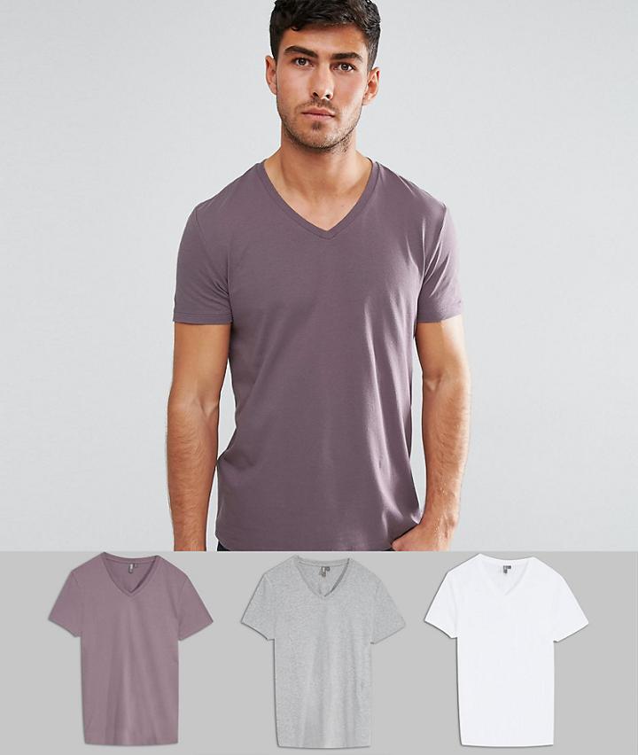 Asos Design T-shirt With V Neck 3 Pack Save - Multi
