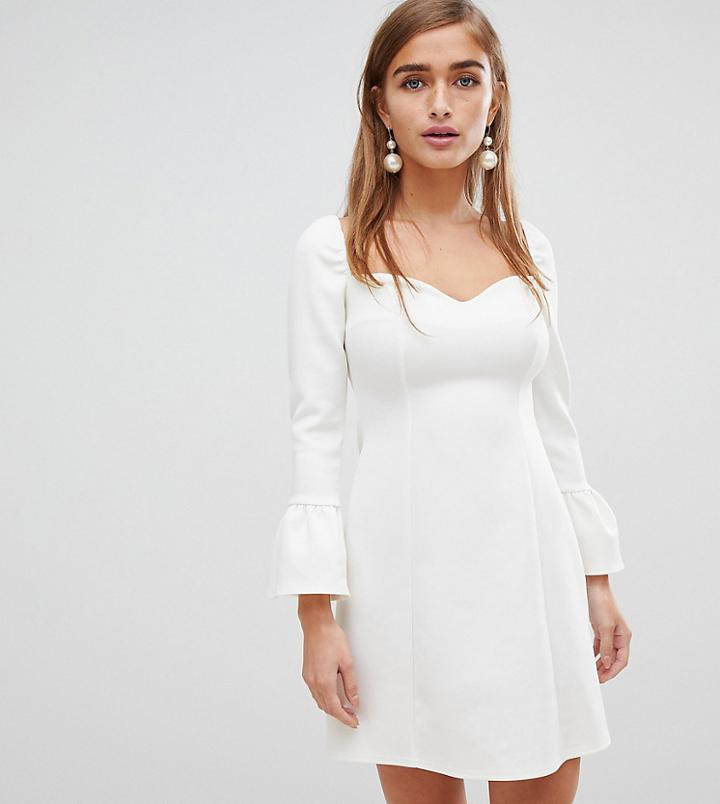 Asos Design Petite Sweetheart Mini Dress With Fluted Sleeve-cream