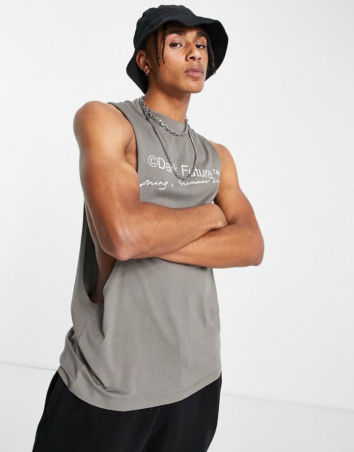 Asos Dark Future Relaxed Tank Top With Scoop Armhole With Chest Print In Gray