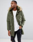 Boohooman Parka With Faux Fur In Khaki - Green