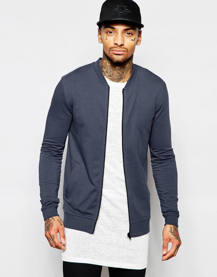 Asos Jersey Muscle Bomber Jacket In Navy - Ebony