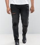 Asos Design Plus Super Skinny Jeans With Abrasions In Biker Style-black