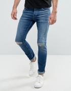 Jack & Jones Intelligence Slim Fit Jeans In Dark Blue Wash With Knee Rips - Blue