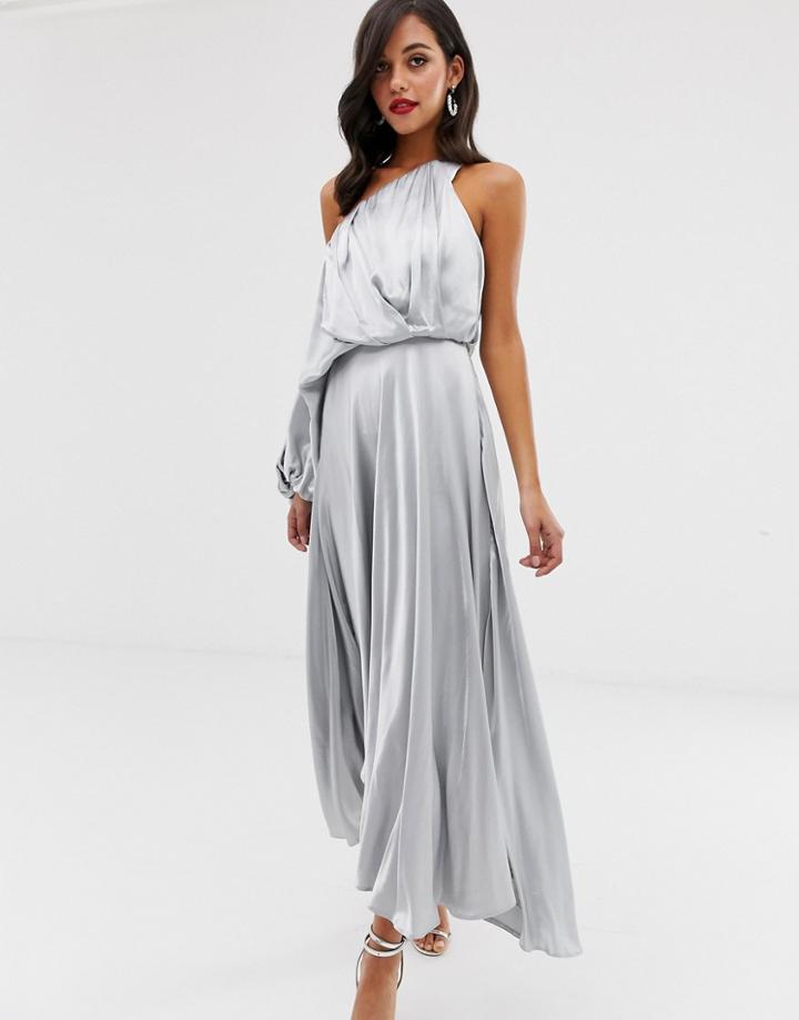 Asos Edition Blouson One Shoulder Dress In Satin - Blue