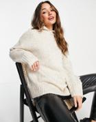 Topshop Knitted Longline Sweater With Collar In Sand-neutral