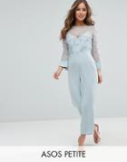 Asos Petite Jumpsuit With Lace Bodice And Contrast Satin Pant - Blue