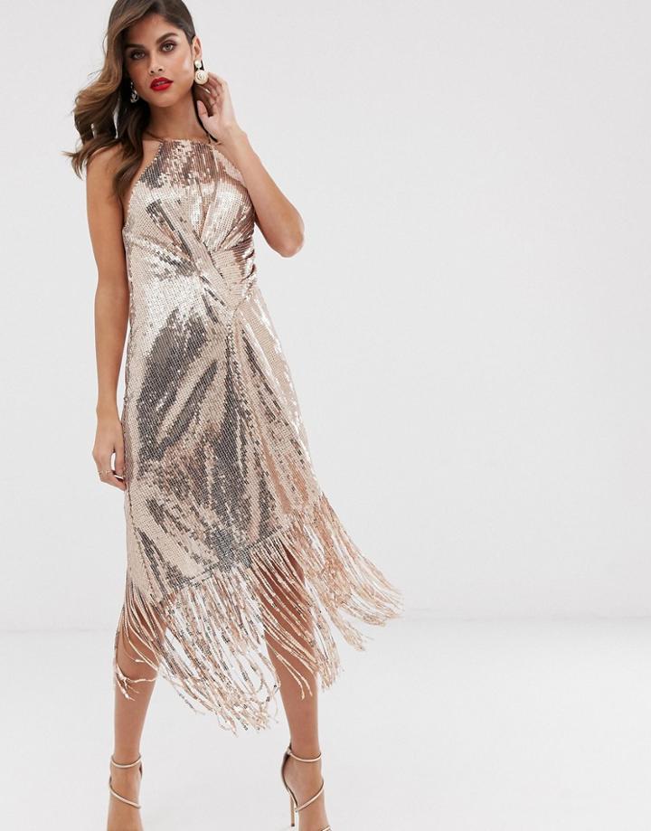 Asos Design Midi Dress In Allover Sequin With Fringe Hem-brown