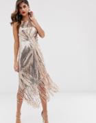 Asos Design Midi Dress In Allover Sequin With Fringe Hem-brown