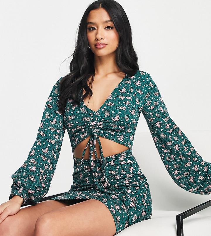 Missguided Petite Tie Front Dress With Balloon Sleeves In Green Floral-multi