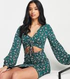 Missguided Petite Tie Front Dress With Balloon Sleeves In Green Floral-multi