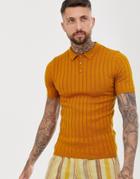 Asos Design Knitted Ribbed Polo T-shirt In Mustard - Yellow