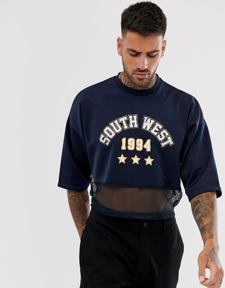 Asos Design Oversized Crop T-shirt With City Print And Mesh Insert In Polytricot - Navy
