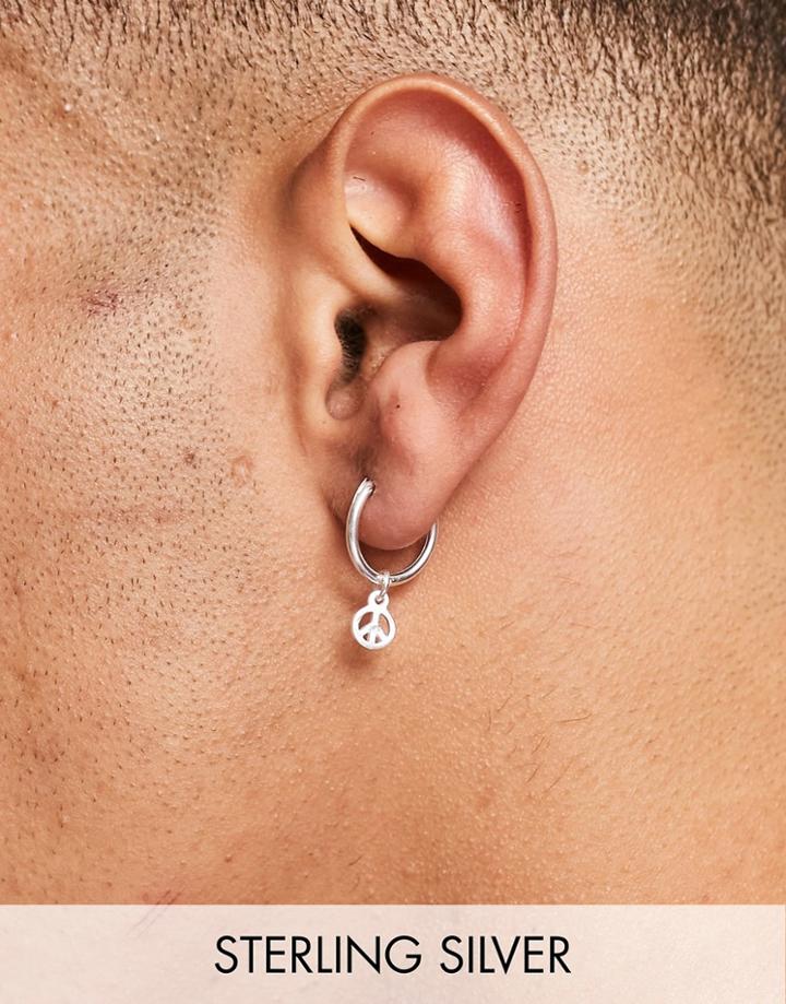 Asos Design Sterling Silver Hoop Earrings With Peace Sign