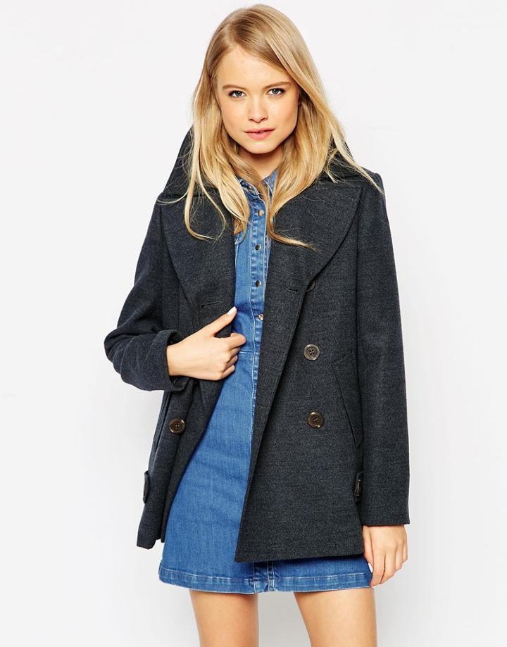 Asos Pea Coat With Tab Detail - Charcoal