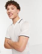 Asos Design Knitted Mesh Revere Polo In White With Black Tipping