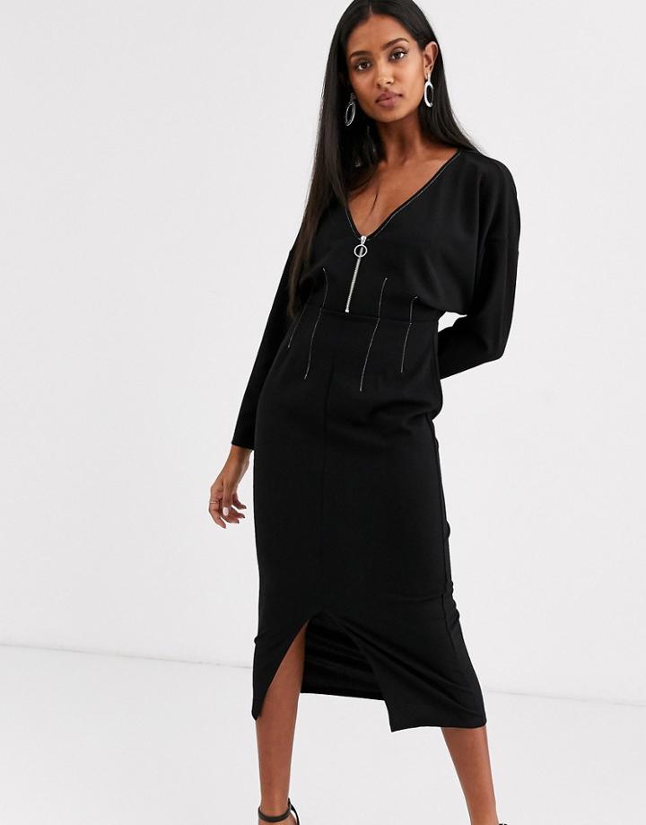 Asos Design Zip Front Contrast Stitch Midi Dress