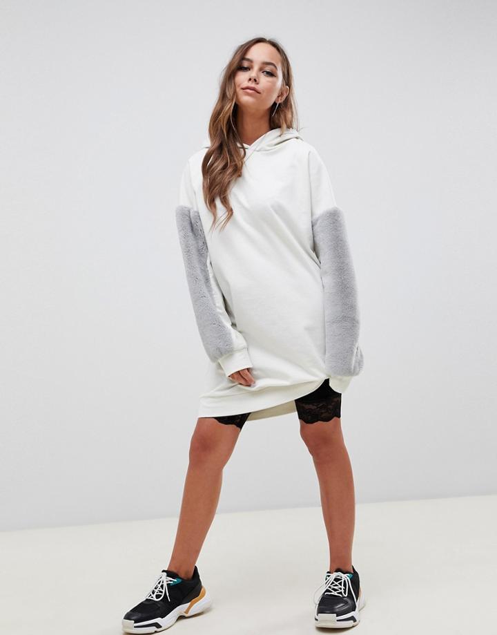 Asos Design Hoodie Sweat Dress With Faux Fur Sleeves - Gray