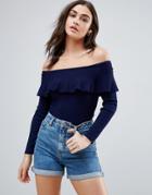 Qed London Off Shoulder Frill Sweater - Navy