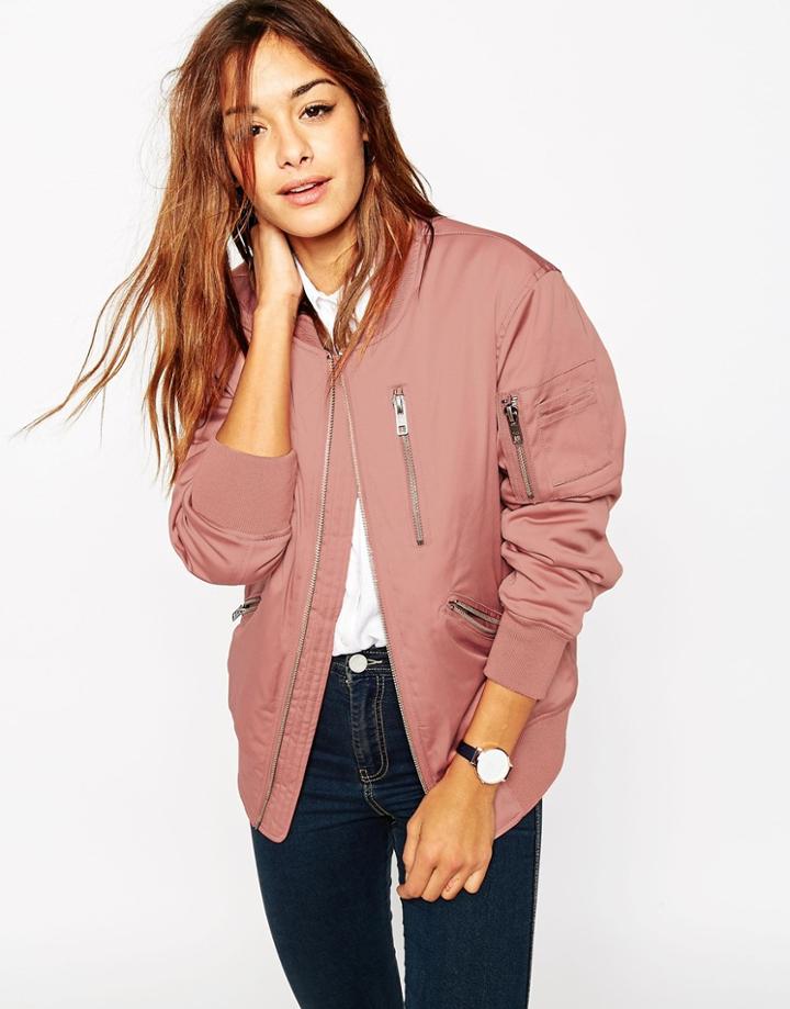 Asos Bomber Jacket With Zip Detail - Pink