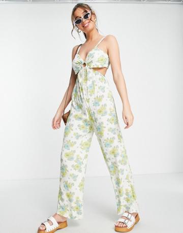 Miss Selfridge Cut-out Strappy Wide Leg Jumpsuit In Green Retro Floral-multi