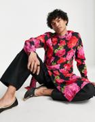 Asos Design Kurta Longline Linen Shirt With Floral Design And Asymmetric Front-black