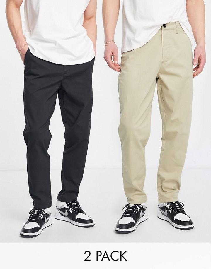 Asos Design 2 Pack Tapered Chinos In Black And Beige Save-multi