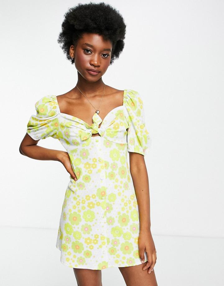 Asos Design Textured Bow Front Mini Dress In Retro Floral Print-multi
