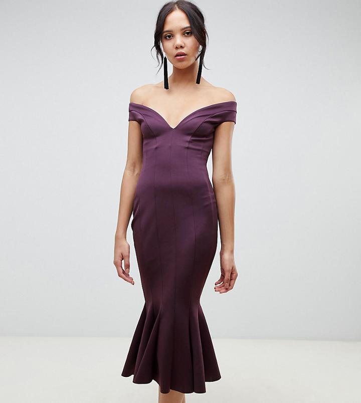 Asos Design Tall Seamed Bardot Midi Dress - Pink