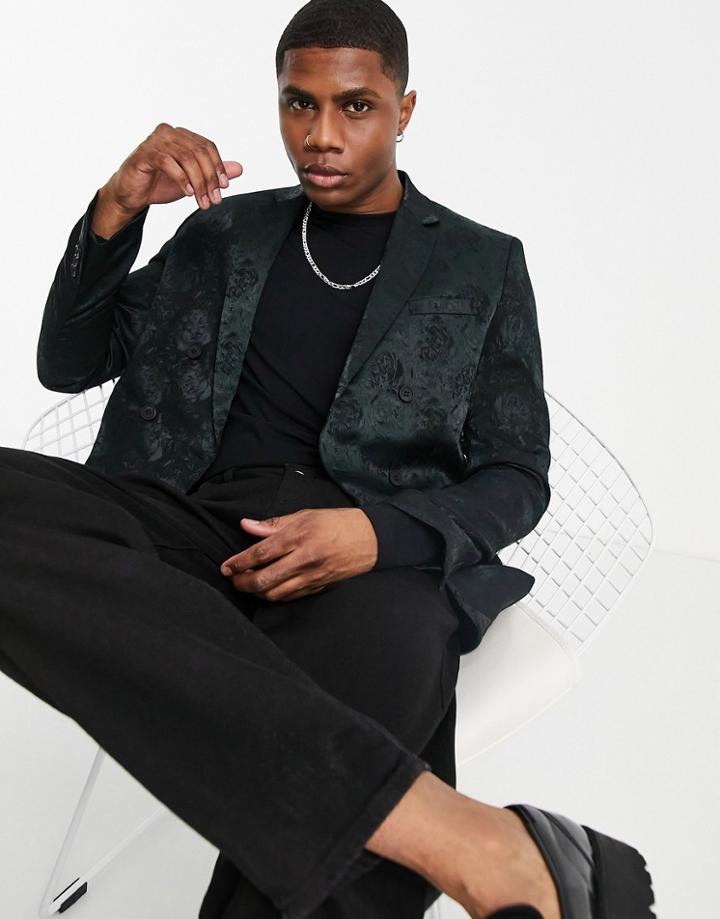 Bolongaro Trevor Skinny Fit Double Breased Rose Jacquard Blazer-green