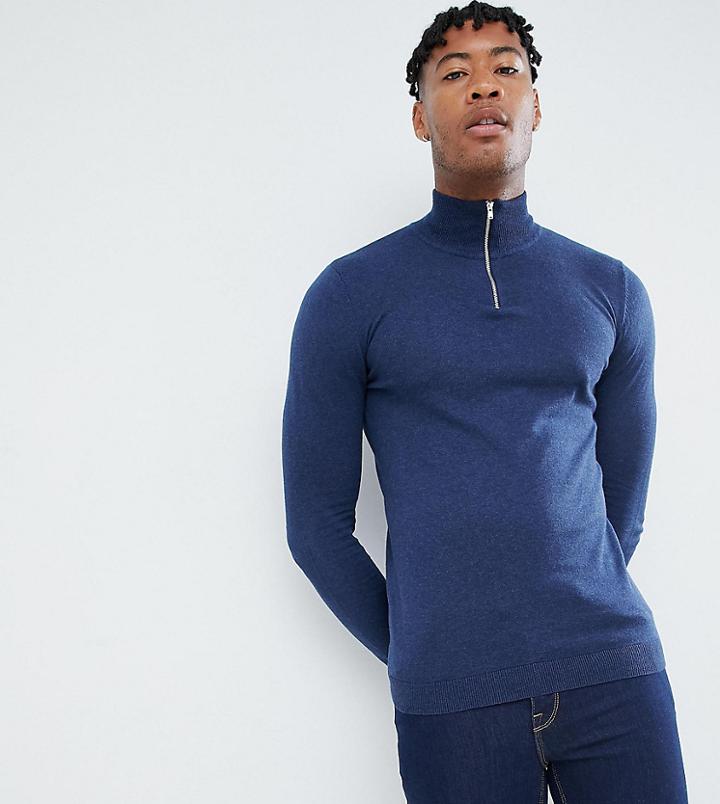 Asos Design Tall Knitted Half Zip Sweater In Navy