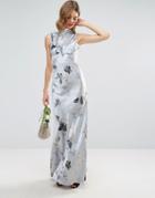 Asos Wedding 40s Seamed Maxi Dress In Silver Rose Print - Multi