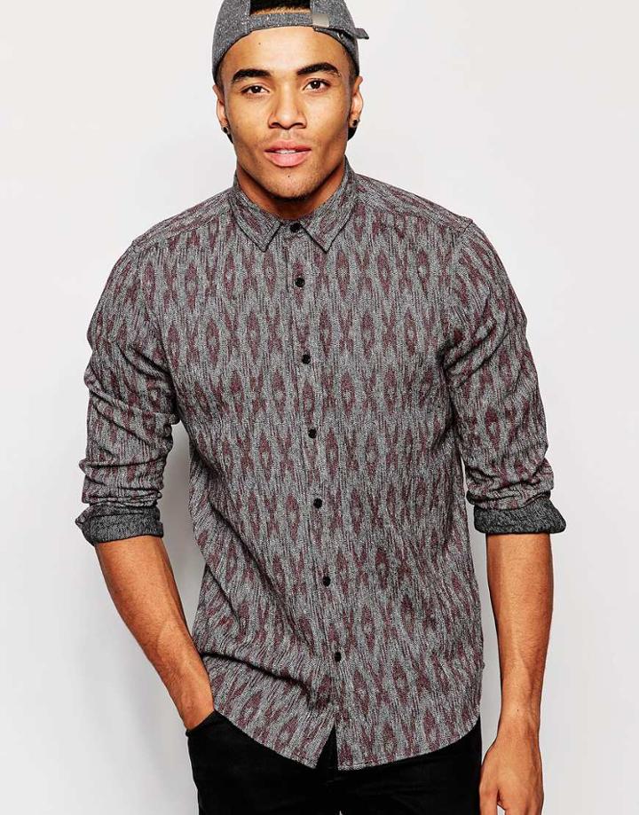 Asos Ikat Print Shirt In Long Sleeves - Red