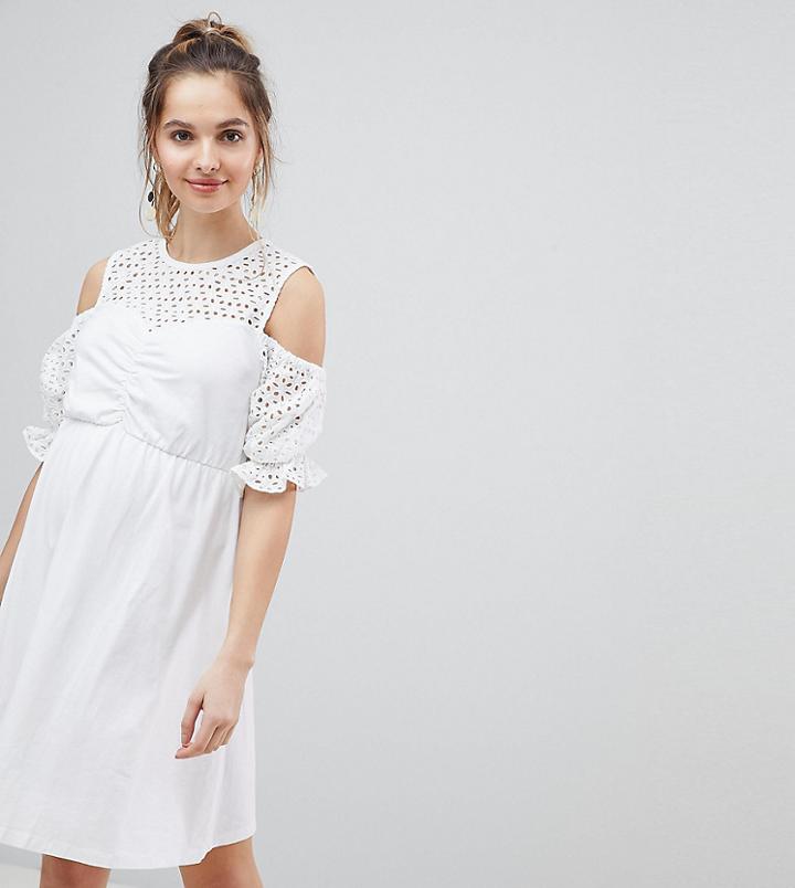 Asos Design Maternity Cold Shoulder Cotton Skater Dress With Broderie Puff Sleeves - White
