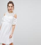 Asos Design Maternity Cold Shoulder Cotton Skater Dress With Broderie Puff Sleeves - White