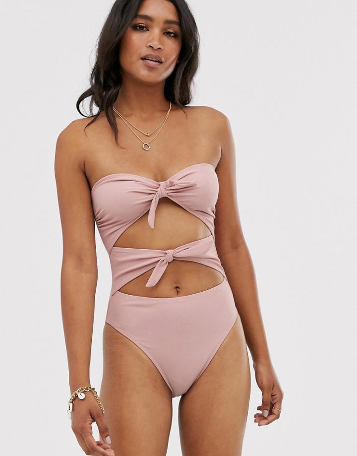 Fashion Union Bandeau Cut Out Swimsuit With Tie Detail In Blush Pink - Pink