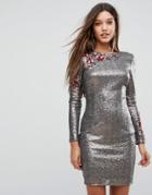 Little Mistress Allover Sequin Bodycon Dress With Floral Lace Applique - Silver