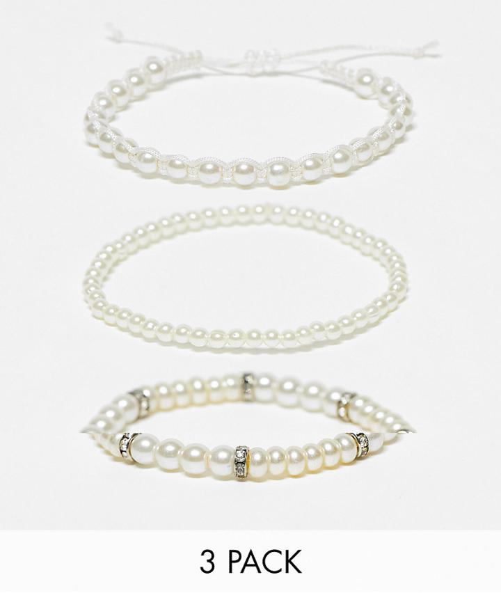 Asos Design 3 Pack Bracelets In White Faux Pearl Beads