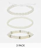 Asos Design 3 Pack Bracelets In White Faux Pearl Beads