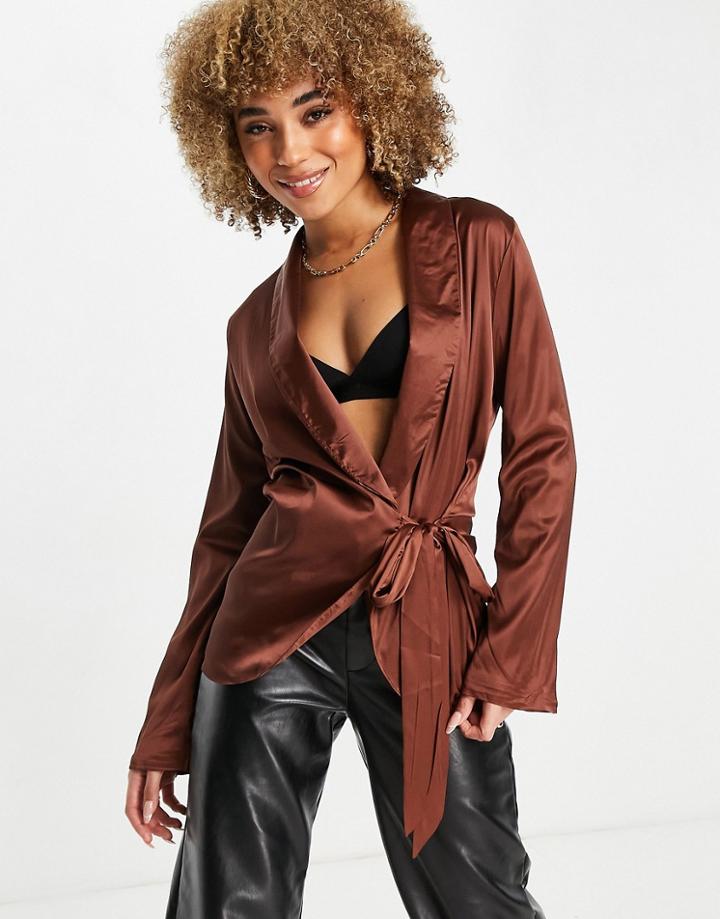 Femme Luxe Slouchy Blazer Satin In Chocolate - Part Of A Set-brown