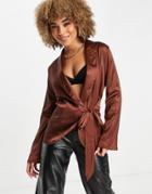 Femme Luxe Slouchy Blazer Satin In Chocolate - Part Of A Set-brown