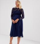 Chi Chi London Maternity Crochet Lace Midi Dress With Chiffon Skirt In Navy - Navy