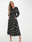 Ax Paris Midi Shirt Dress In Black Daisy Print