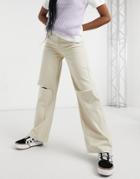 Bershka Cotton Wide Leg 90s Jean With Knee Rip In Ecru - Cream-white