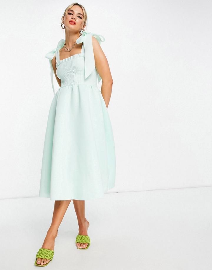 Asos Design Shirred Bunny Tie Prom Midi Dress In Sage-green