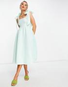 Asos Design Shirred Bunny Tie Prom Midi Dress In Sage-green