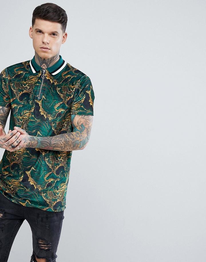Asos Longline Polo With Zip Neck In Marble Effect Velour - Green