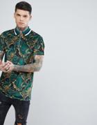Asos Longline Polo With Zip Neck In Marble Effect Velour - Green