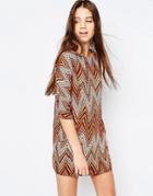 Qed London Zig Zag Printed Shift Dress - Orange